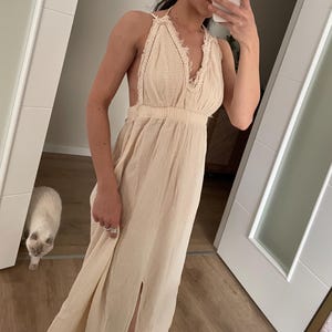 Beige Muslin Maxi Dress – Organic Cotton Halter Neck Summer Dress – Flowy Boho Beach Dress – Sustainable Handmade Sundress