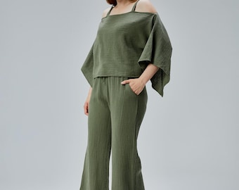 Muslin Cotton Two Piece Set: Boho Strappy Top & Wide Leg Pants