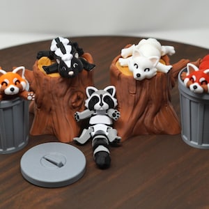 Trash can Articulated Raccoon |Panda |Skunk |Fox |Snow Fox with Trash Can or tree stump| trash animals| fun gifts for all ages| Desk Pet