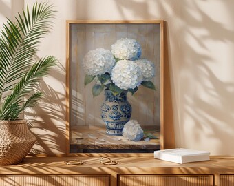 Impresión de tarro de jengibre – Arte chino – Impresión artística primaveral – Impresión digital floral de hortensias – Obra de arte vintage para interiores elegantes
