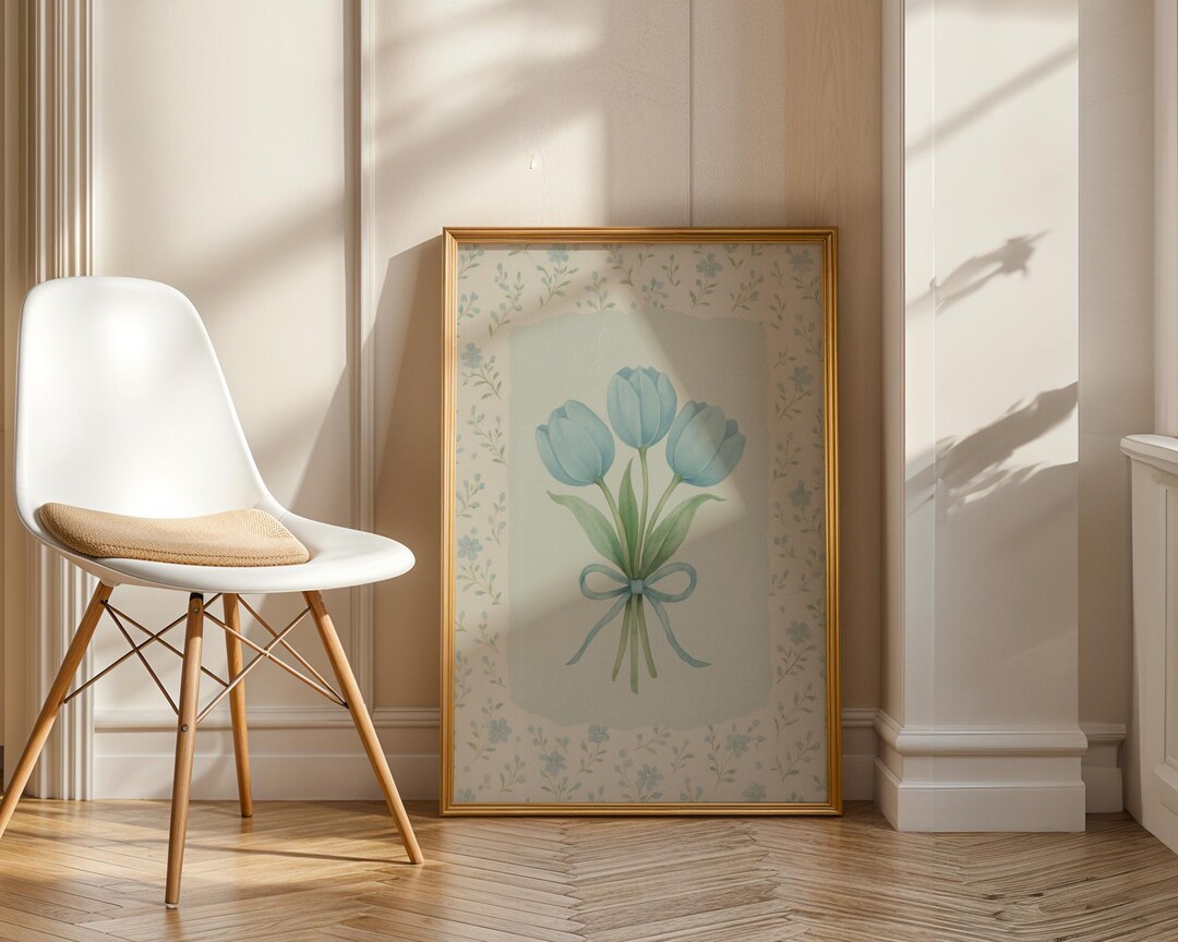 Tulip Wall Art Printable – Blue Tulip Bouquet With Ribbon | Modern ...
