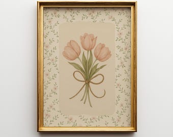Tulip Wall Art Printable, Modern Southern Floral Wall Art, Coral Pink Tulips Digital Print, Vintage Botanical Artwork, Pastel Flower Wall