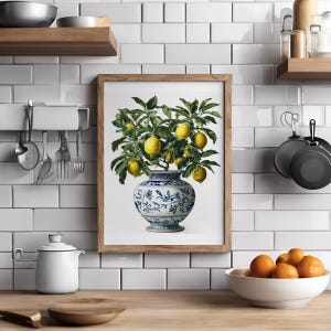 Chinoiserie Zitronendruck | Blaue Chinoiserie-Wandkunst | Vintage Küchendekor | Botanisches Ingwerglas-Poster | Digitaler Download A4