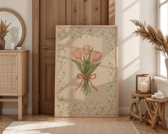 Tulip Wall Art Printable, Modern Southern Floral Wall Art, Coral Pink Tulips Digital Print, Vintage Botanical Artwork, Pastel Flower Wall