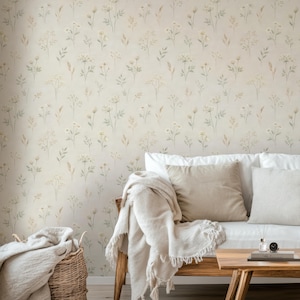 Japandi-tapet – Boho-tapet – Japansk tapet – Barnkammartapet Flicka – Mjuk beige botanisk digital tapet