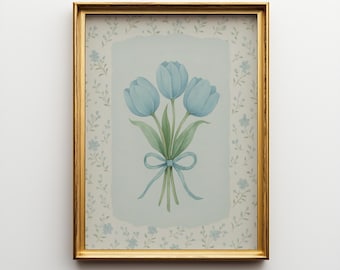 Blue & Green Tulip Floral Botanical Print | Grandmillennial Wall Decor | Modern Southern Art | Digital Download