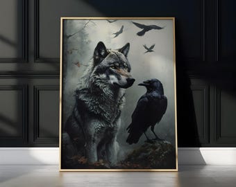 Wolf and Raven Art – Mystical Forest Wall Art, Dark Woodland Wolf Printable, Raven and Wolf Picture, Nordic Animal Decor, Digital Download