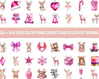 Watercolor Pink Christmas Clipart Bundle: Boho Santa, Gingerbread (PNG, Digital Download)