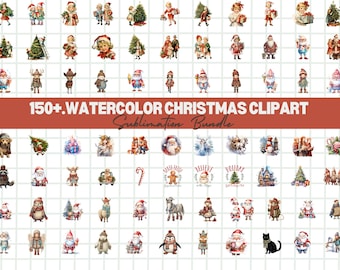 Lot de cliparts Noël aquarelle : + de 150 fichiers PNG (téléchargement numérique)