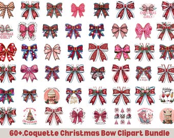 Coquette Christmas Bow Clipart Bundle: 60+ Retro PNG Designs (Digital Download
