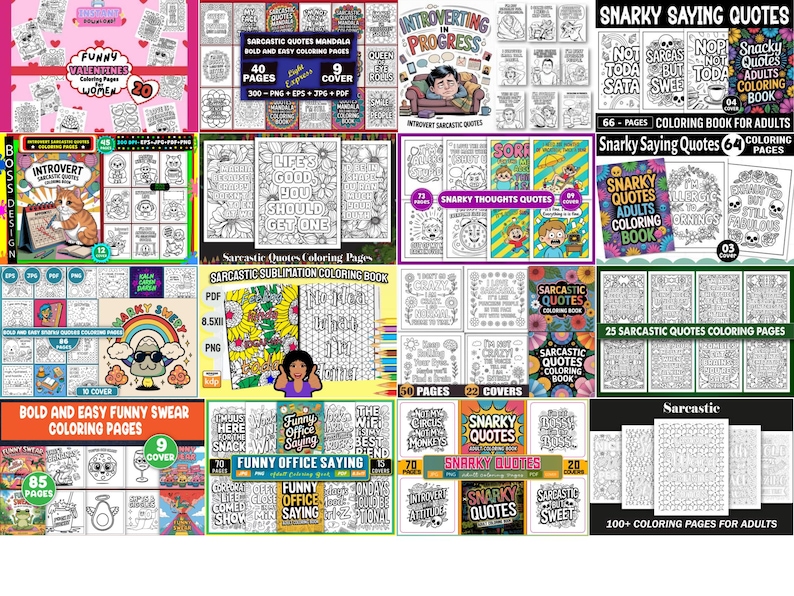 May include: A collection of adult coloring books with various themes, including Valentine's Day, sarcastic quotes, and funny sayings. The books feature intricate designs and humorous text, perfect for relaxation and creative expression.