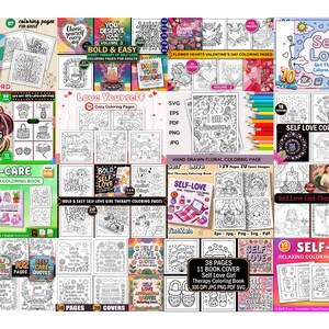 May include: A collection of coloring books with various themes, including self-love, positive words, and self-care. The covers feature illustrations and text, with titles like "Self-Love Word Coloring Book" and "Self-Care Quotes".