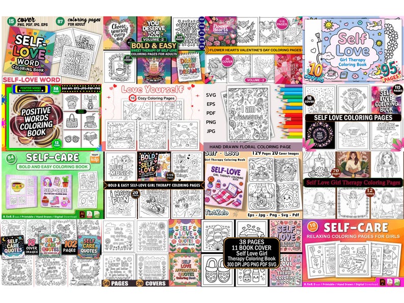 May include: A collection of coloring books with various themes, including self-love, positive words, and self-care. The covers feature illustrations and text, with titles like "Self-Love Word Coloring Book" and "Self-Care Quotes".