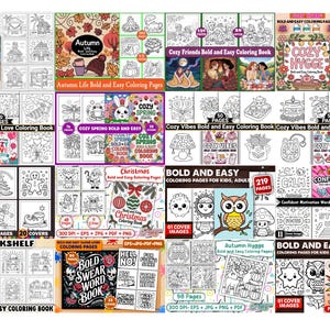 May include: A collection of coloring books with various themes, including homes, autumn scenes, cozy vibes, and Christmas. The covers feature illustrations of houses, animals, and seasonal elements. The books are labeled "Bold and Easy" and are designed for kids and adults.