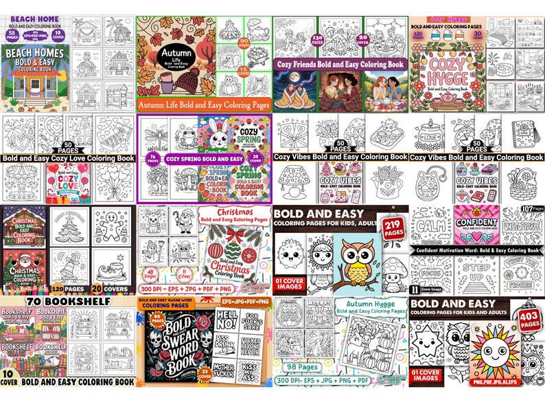 May include: A collection of coloring books with various themes, including homes, autumn scenes, cozy vibes, and Christmas. The covers feature illustrations of houses, animals, and seasonal elements. The books are labeled "Bold and Easy" and are designed for kids and adults.