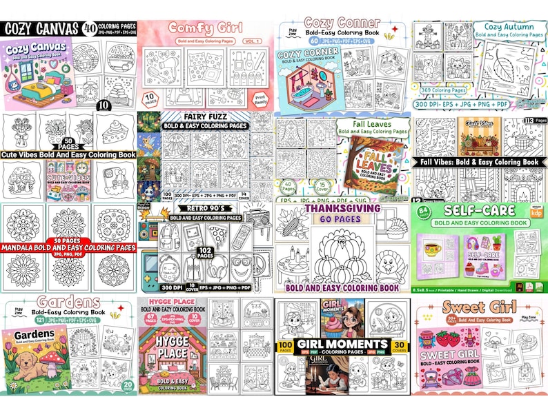 May include: A collection of coloring books with various themes, including "Cozy Canvas," "Comfy Girl," and "Fall Leaves." Each book features bold outlines for easy coloring, with titles and page counts visible. The books are designed for relaxation and creative expression.