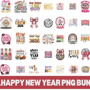 以下が含まれることがあります： 新年のテーマの100個のPNGグラフィックのコレクション。デザインには、ディスコボール、シャンパングラス、リボン、「新年あけましておめでとうございます2026」や「こんにちは2026」などのテキストが含まれています。グラフィックはカラフルでお祭りです。