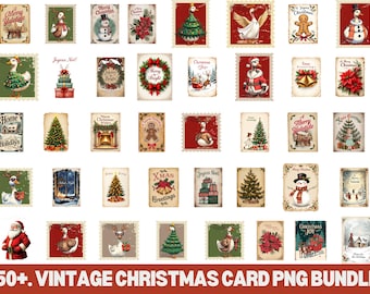 ヴィンテージ クリスマス カード PNG バンドル: 50 種類以上のレトロなホリデー クリップアート (デジタル ダウンロード)