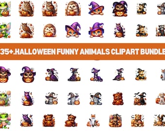 Halloween Funny Animals Clipart Bundle, Spooky Witch Animals (Digital download)
