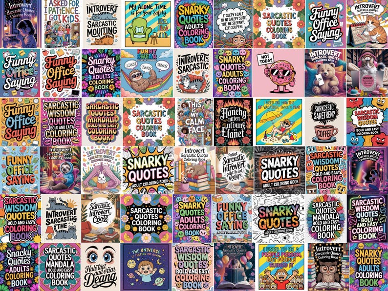 May include: A collection of adult coloring books with various themes and quotes. Titles include "Snarky Quotes," "Sarcastic Wisdom," and "Funny Office Saying." The books feature colorful covers with illustrations and text.