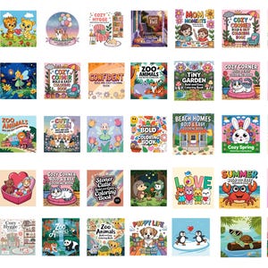 May include: A collection of colorful coloring books with various themes, including animals, nature, and cozy scenes. Titles include "Zoo Animals," "Cozy Corner," and "Summer." The books feature bold and easy designs.