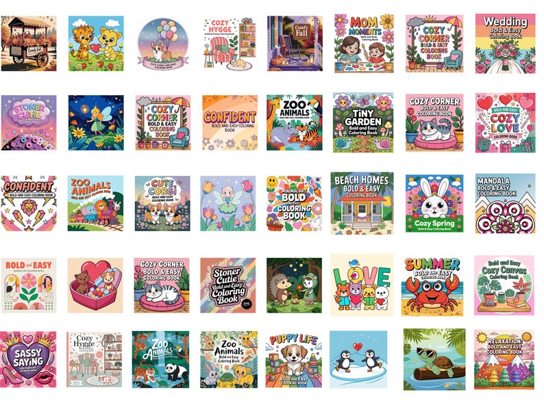 May include: A collection of colorful coloring books with various themes, including animals, nature, and cozy scenes. Titles include "Zoo Animals," "Cozy Corner," and "Summer." The books feature bold and easy designs.
