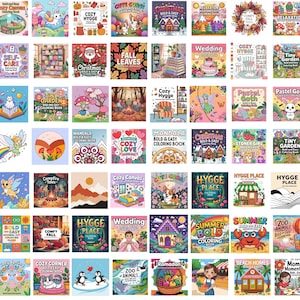 May include: A collection of coloring books with various themes, including "Relaxation," "Cozy Hygge," "Comfy Fall," and "Wedding." The covers feature illustrations of animals, landscapes, and decorative elements, perfect for adults and children.