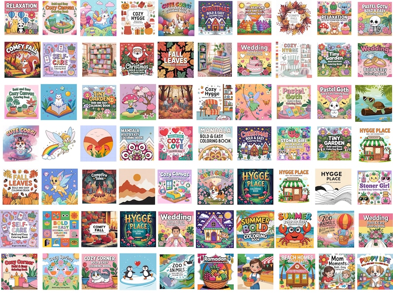 May include: A collection of coloring books with various themes, including "Relaxation," "Cozy Hygge," "Comfy Fall," and "Wedding." The covers feature illustrations of animals, landscapes, and decorative elements, perfect for adults and children.