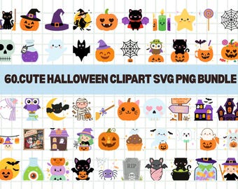 Lot de cliparts Halloween, fantôme kawaii, citrouille (fichiers png pdf eps dxf)