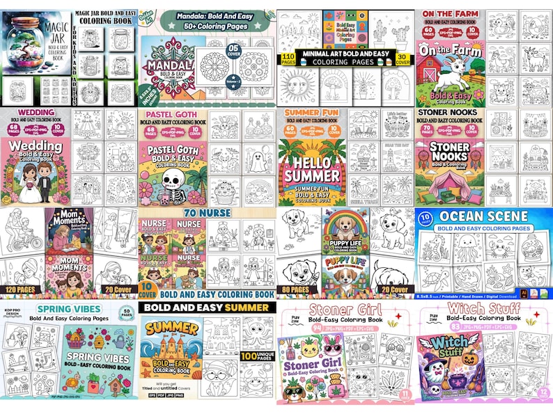 May include: A collection of coloring books with various themes, including "Magic Jar," "Mandala," "Wedding," "Pastel Goth," "Summer Fun," "Stoner Nooks," "Moments," "Nurse," "Puppy Life," "Ocean Scene," "Spring Vibes," "Summer," "Stoner Girl," and "Witch Stuff."