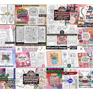 May include: A collection of coloring books with various themes, including self-love, affirmations, and floral designs. The covers feature illustrations and text, with page counts ranging from 25 to 105. The books are designed for adults.