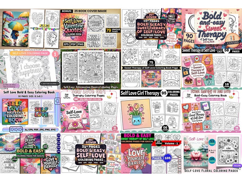 May include: A collection of coloring books with various themes, including self-love, affirmations, and floral designs. The covers feature illustrations and text, with page counts ranging from 25 to 105. The books are designed for adults.