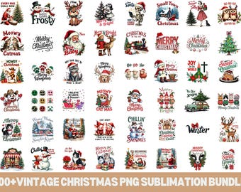 May include: A collection of over 100 vintage Christmas PNG sublimation designs. The designs feature various holiday-themed illustrations, including Santa Claus, snowmen, animals, and festive text. The color palette includes red, green, white, and other holiday colors.