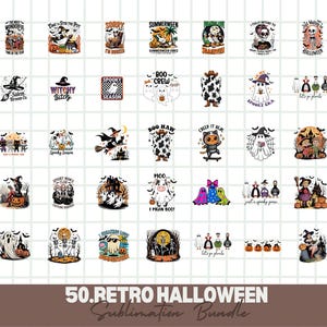 Pacchetto di sublimazione di Halloween retrò, clipart autunnale, zucca strega fantasma, png vintage spettrale