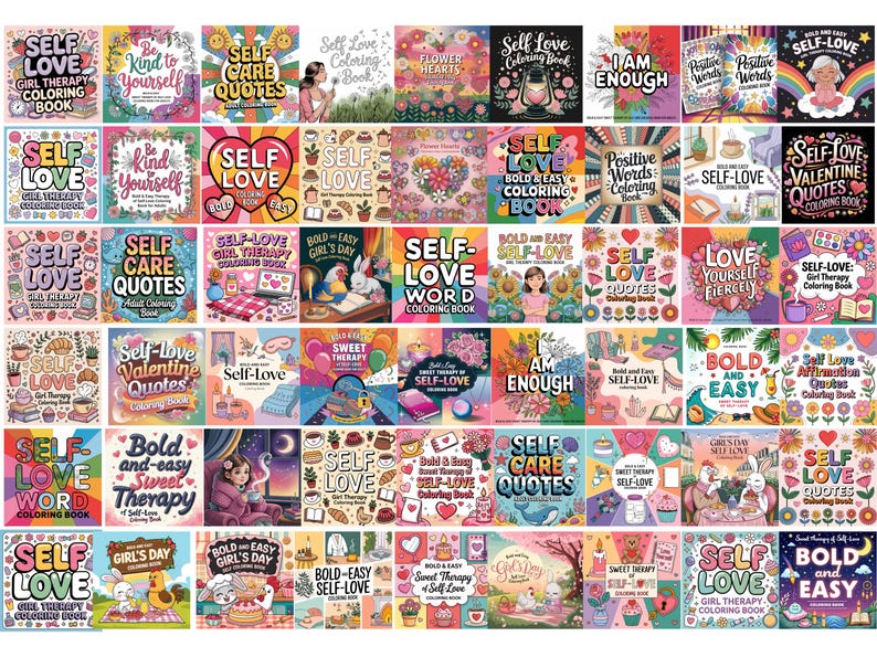 May include: A collection of self-help coloring books with titles like "Self Love," "Self Care Quotes," and "I Am Enough." The covers feature various designs, including flowers, hearts, and inspirational quotes. The books are designed for girl therapy and self-love.