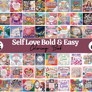 May include: A collection of self-love coloring books with various covers, including titles like "Self Love Bold & Easy Coloring Book" and "Self-Love Girl Therapy Coloring Book." The image features a variety of designs, with the text "2500+ PAGES" and "400+ COVER".