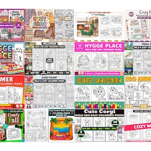 May include: A collection of coloring books with various themes, including "Cozy Corner," "Cozy Eras," "Hygge Place," and "Cute Unicorn." The covers feature illustrations of animals, seasonal scenes, and whimsical designs. Each book is labeled with page counts and titles.