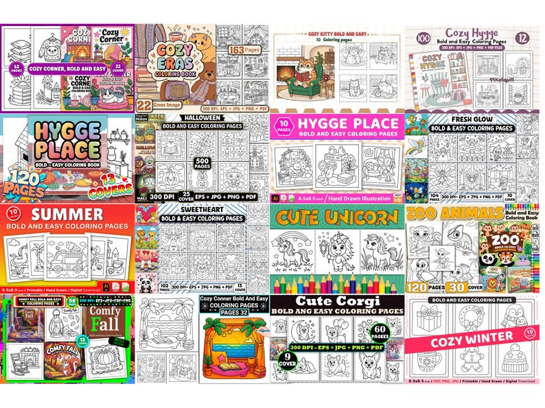 May include: A collection of coloring books with various themes, including "Cozy Corner," "Cozy Eras," "Hygge Place," and "Cute Unicorn." The covers feature illustrations of animals, seasonal scenes, and whimsical designs. Each book is labeled with page counts and titles.