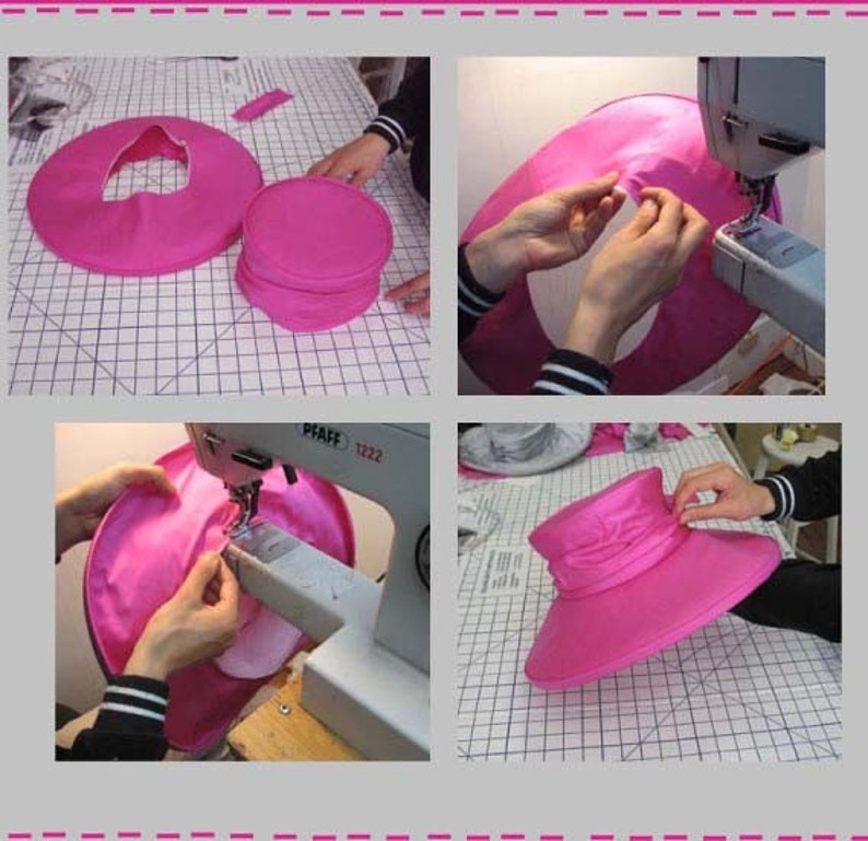 May include: A close-up of a pink hat being sewn on a sewing machine. The hat is being sewn around the brim, and the sewing machine is visible in the background.