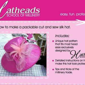 Op de afbeelding: Een roze zijden hoed met een roze veer en een net. De hoed ligt op een geruit oppervlak. De tekst "Hatheads School of Millinery" staat in de afbeelding. De tekst "Bevat: Uniek hoedpatroon dat past bij de meeste hoofdmaat, exclusief ontworpen door Hatheads School of Millinery. Gedetailleerde instructies over hoe je deze hoed er professioneel uit kunt laten zien. Tips en trucs van het hoedenmakersvak." staat ook in de afbeelding.