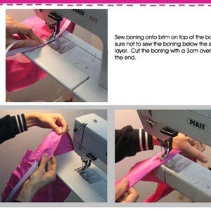 May include: Close-up of a sewing machine with a pink fabric being sewn. The text "Sew boning onto brim on top of the banding sure not to sew the boning below the stitch layer. Cut the boning with a 3cm overlap with the end." is visible in the image.