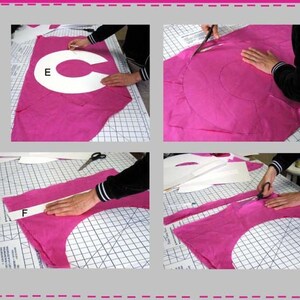 May include: Four steps showing how to cut a pink fabric circle with a white fabric circle pattern. The first step shows the fabric being cut with a white circle pattern labelled "E". The second step shows the fabric being cut with a white circle pattern. The third step shows the fabric being cut with a white strip labelled "F". The fourth step shows the fabric being cut with a white strip.