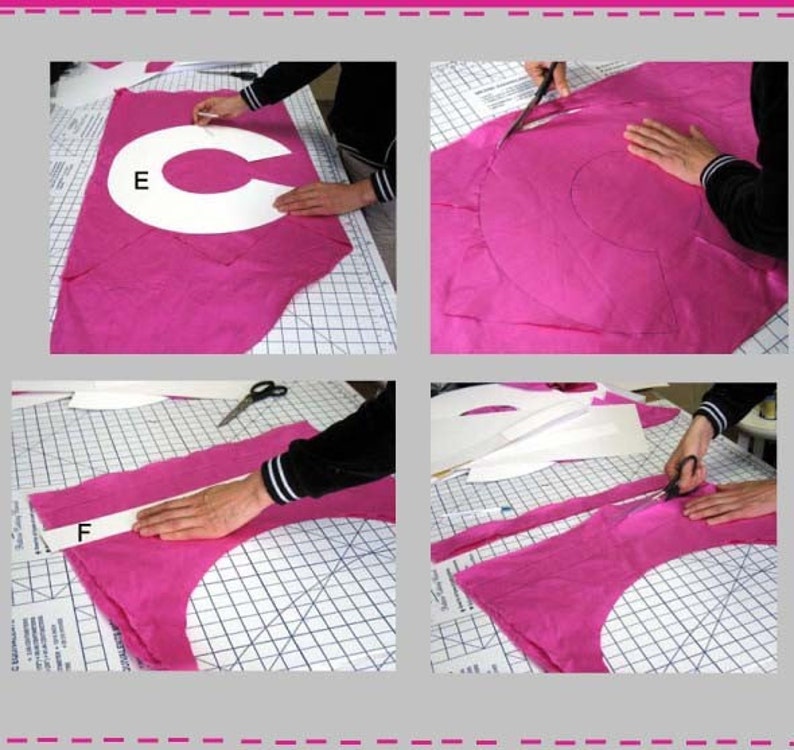 May include: Four steps showing how to cut a pink fabric circle with a white fabric circle pattern. The first step shows the fabric being cut with a white circle pattern labelled "E". The second step shows the fabric being cut with a white circle pattern. The third step shows the fabric being cut with a white strip labelled "F". The fourth step shows the fabric being cut with a white strip.