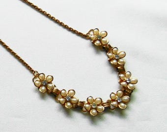Vintage 50s Faux Perlenblumen Choker Halsband: Gliederkette, Strass