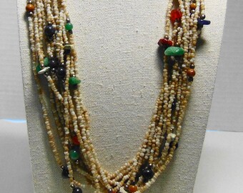 Vintage 80s Multicolor Gemstone Necklace: L22" - Agate Seed Beads, Boho
