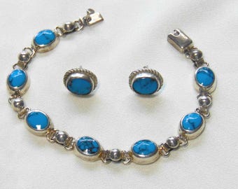 Mexico 925 Sterling Turquoise Bracelet Earring Set:  Southwest Style Vintage