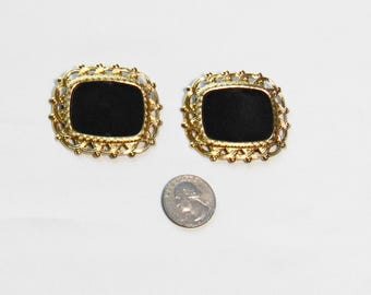 Vintage 50s S.O.D.OR Black Fabric Shoe Clips:  Filigree Gold Tone Trim FLAW