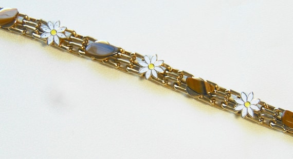 Vintage 70s Enamel Daisy Flower Bracelet -Tiger's Eye Chip Gemstone L7.5"