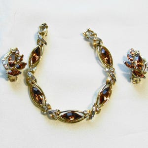 Vintage 50er 60er Jahre KRAMER Bernstein klare Strass Link Armband Ohrclip Set