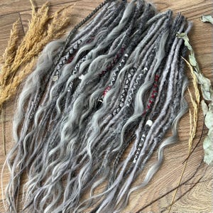 Gray Dreadlock Extensions with Curls, Braids & Beads | SE/DE Faux Locs | Crochet Synthetic Dreads | Festival, Viking, Cosplay Hair